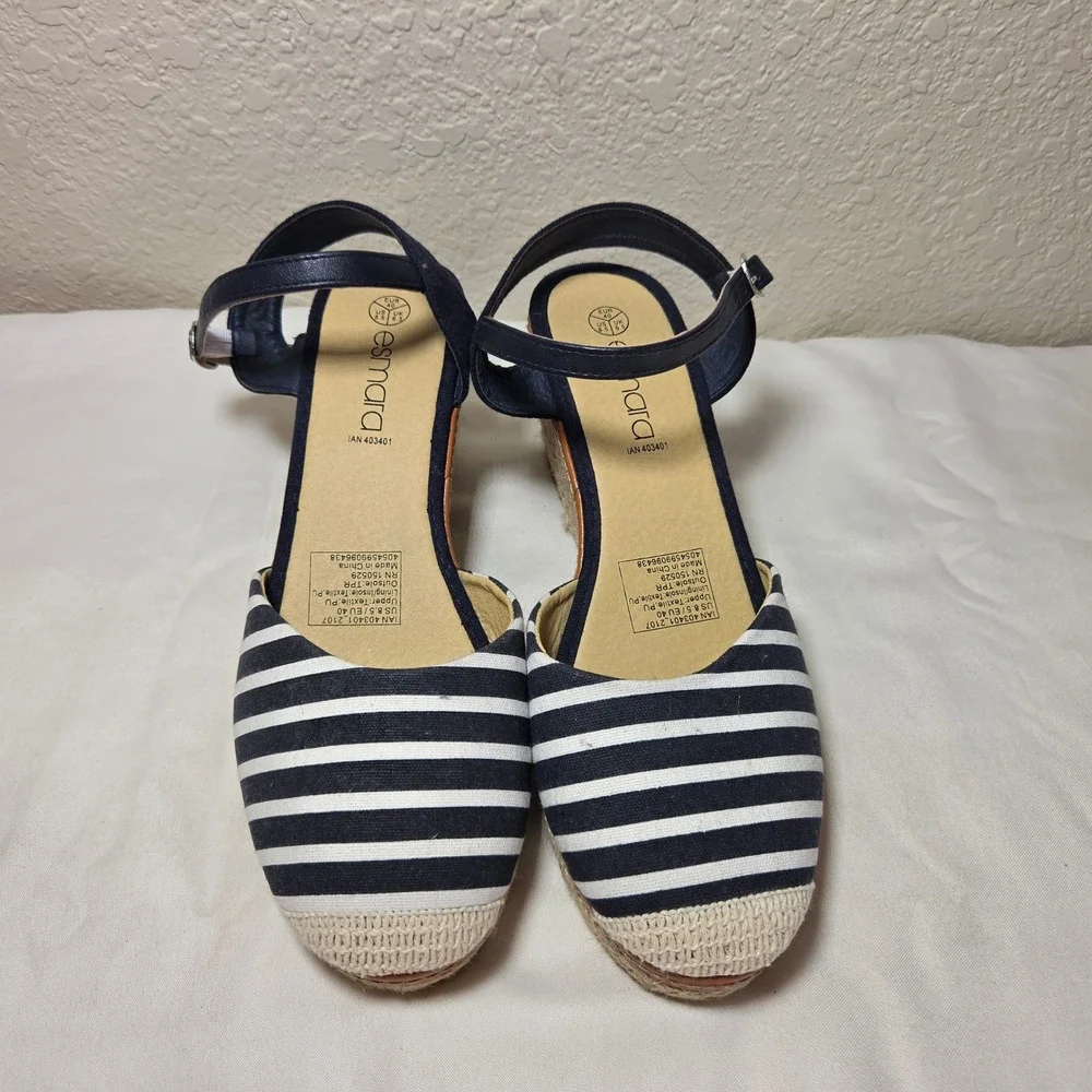 Esmara Navy Blue White Striped Espadrille Wedge Sandals Ankle Strap 8.5 403401